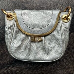 B. Makowsky Silver Shoulder Small Bag with Gold Accents Leather